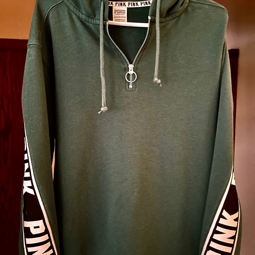 PINK Victoria's Secret Green Hoodie with Quarter-Zip Design